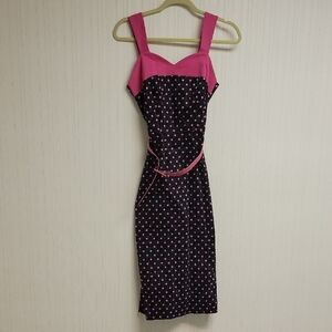 Bettie Page Pink and Black Polka Dot Midi Dress Medium Retro 50s Bodycon